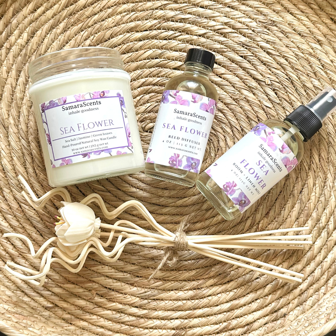The Spa Collection: Sea Flower | Candle + Room Spray + Diffuser | Sea Salt | Green Leaves | Jasmine