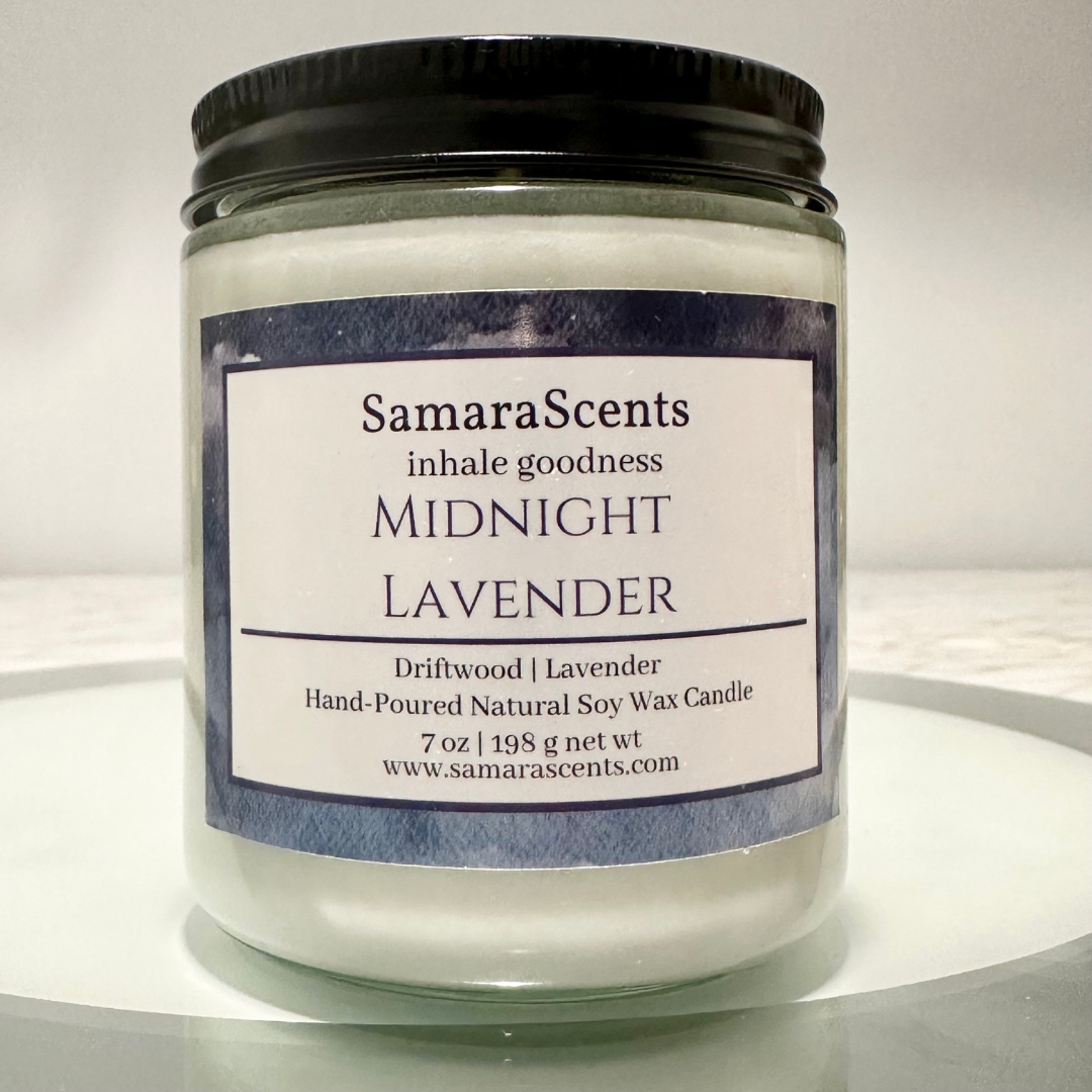 Small Midnight Lavender Soy Wax Candle with scents of lavender, eucalyptus, driftwood, and cedar front view 